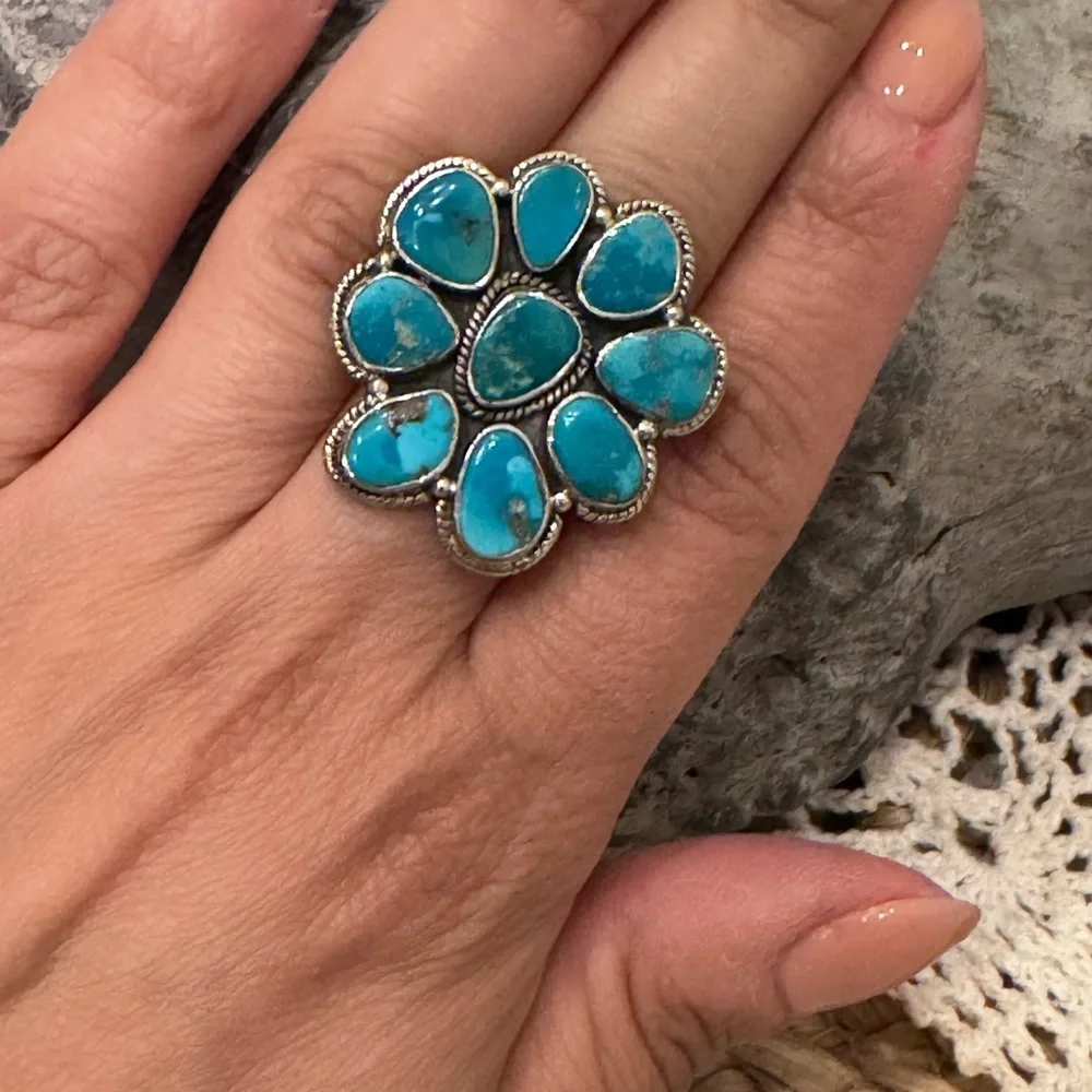 TURQUOISE/SILVER CLUSTER RING - Picture 10 of 12